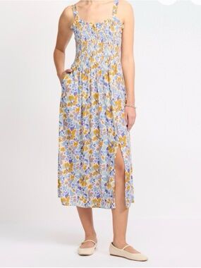 Market & Spruce Yellow and Light Blue Floral Smocked Midi Dress